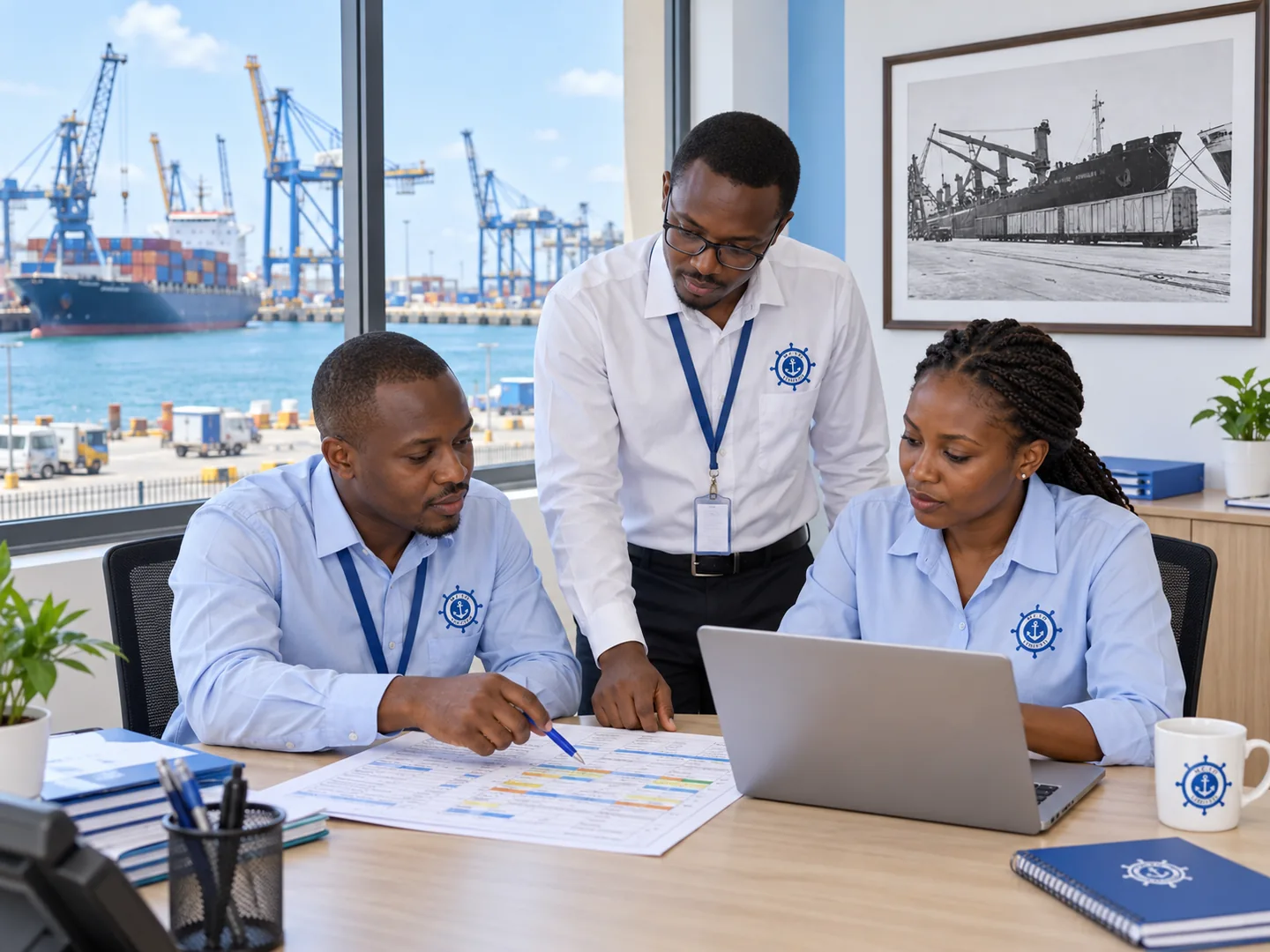Conceptual illustration of MCTO staff in a low-rise office overlooking the port, with the archival Mombasa Port photograph framed on the wall