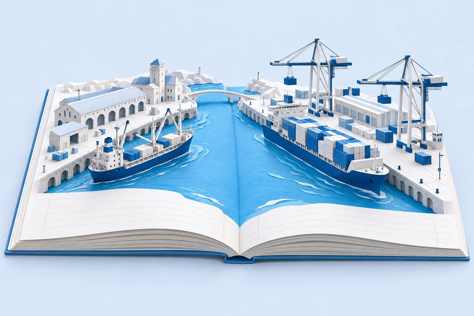 Paper-sculpture illustration of an open cargo ledger unfolding into an old quay and a modern container port