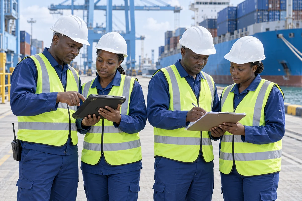 AI-generated editorial scene of Kenyan port personnel consulting a tablet and checking paper tally sheets.