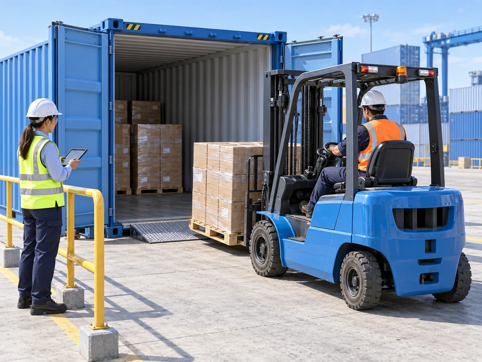 Illustrative 3D scene of a forklift removing palletised cargo from an open container while a tally clerk checks the cargo.