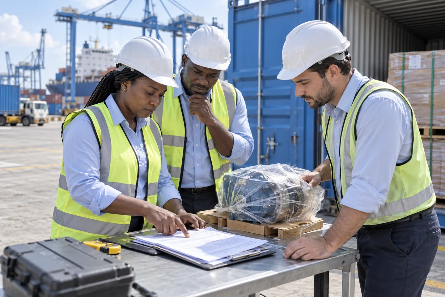 AI-generated conceptual scene of three professionals jointly reviewing a cargo record and packaged component beside an open container at a Kenyan port.