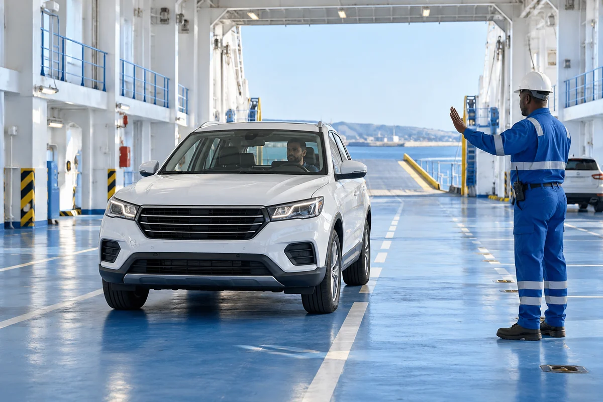 AI-generated conceptual scene of a port marshal standing beside a marked lane and directing a driver on a Ro-Ro vehicle deck.