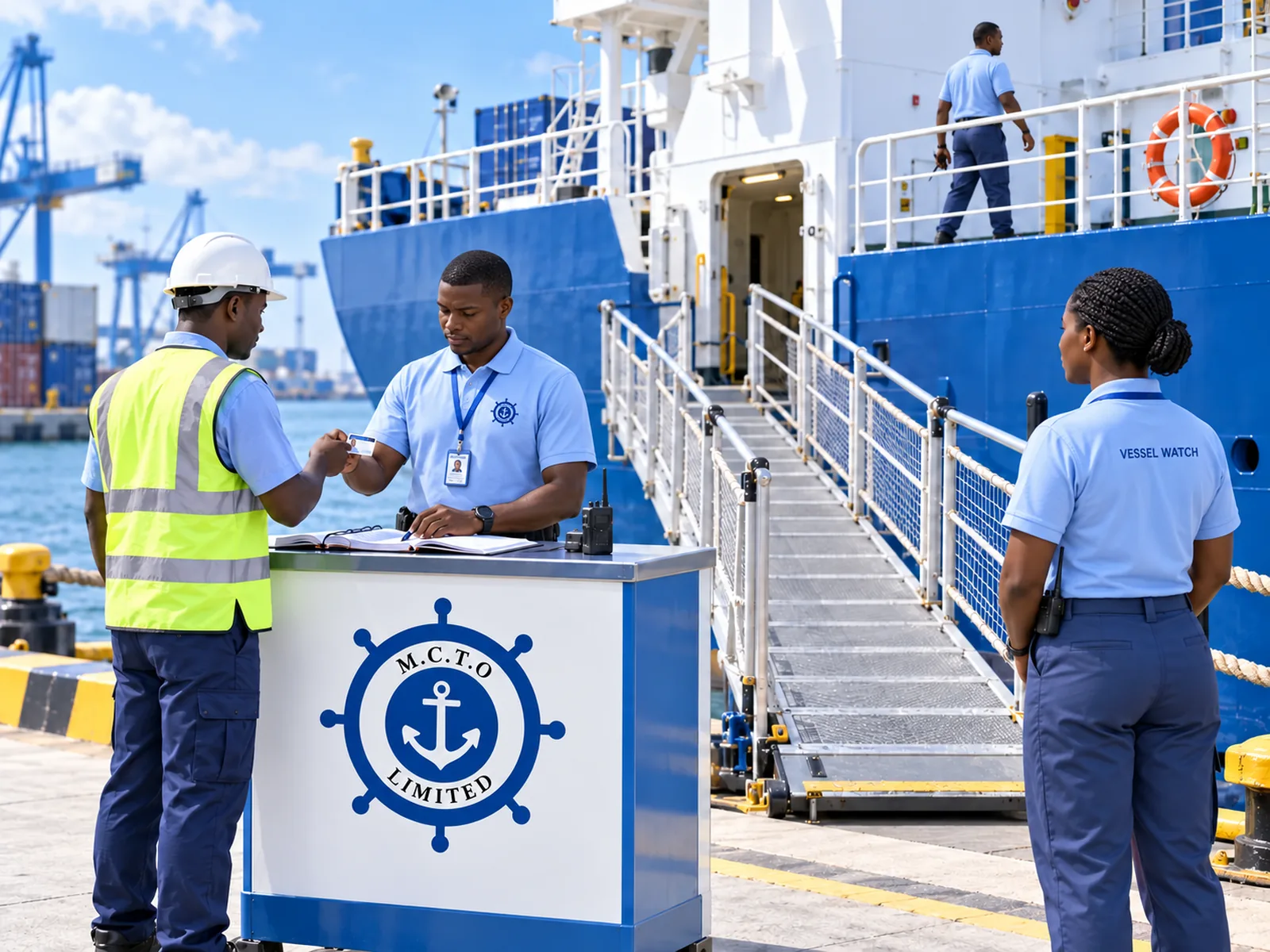 Illustrative scene of MCTO vessel watchmen in light-blue polo shirts checking visitor identification at a monitored gangway while a colleague patrols the deck.